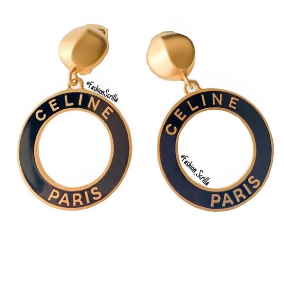 CELINE Paris Vintage Medallion XL Logo Gold - Black Runway Look Clip On Earrings - Picture 1 of 8